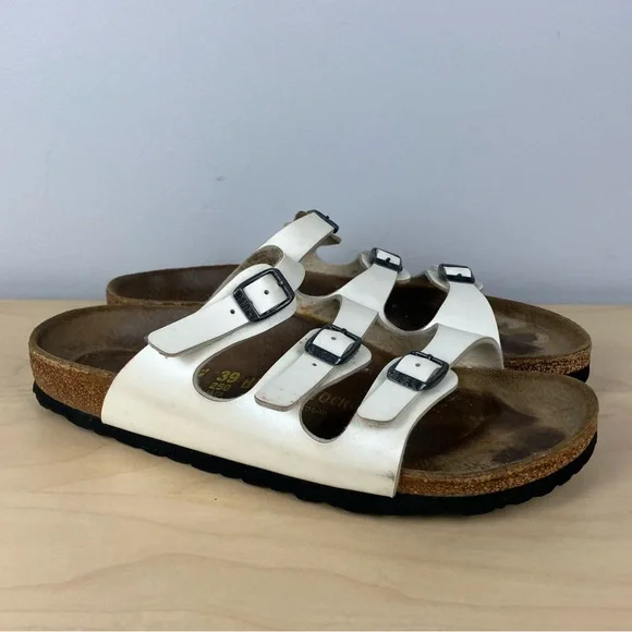 Birkenstock Women’s Size 39 / 8.0 Florida White Leather 3 Strap Cork Sandals - Picture 1 of 15